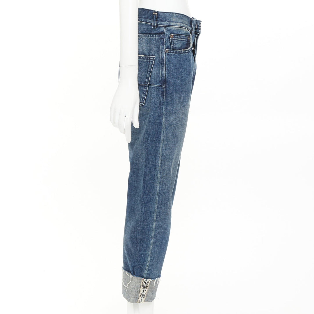 DIOR CD 01 blue denim logo tape cuff frayed boyfriend cropped jeans FR36 S