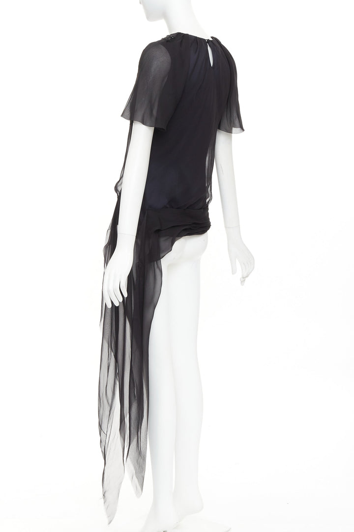 J MENDEL Chiffon Draped Top black beads embellished asymmetric blouse top US2 S