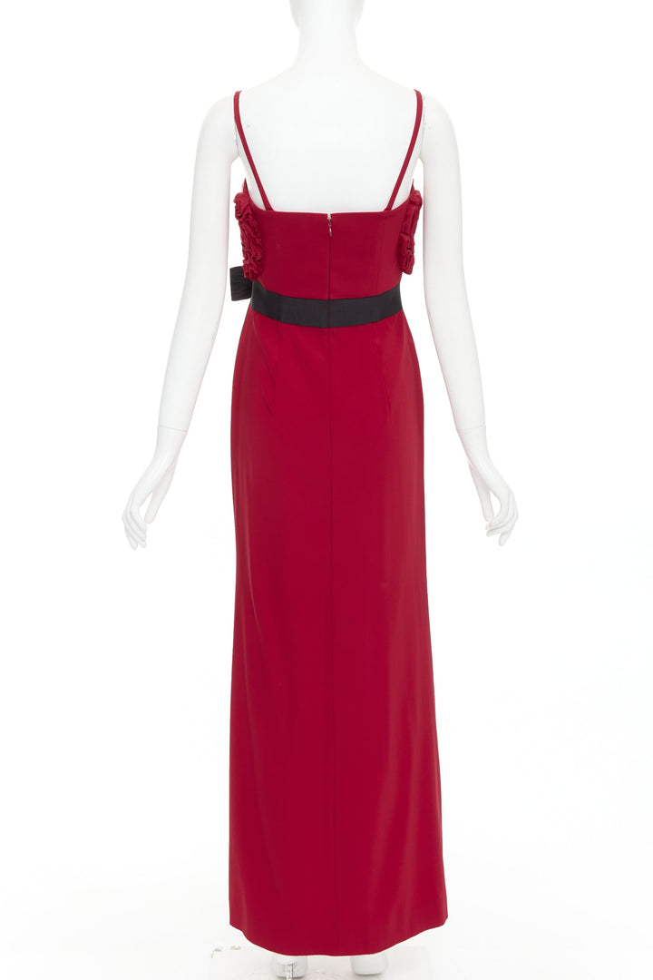 VALENTINO red Rosette ruffle boned bust black bow belt midi gown IT40 S
