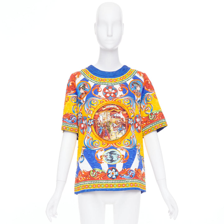 DOLCE GABBANA Carretto Siciliano yellow blue print jacquard tunic top IT40 S