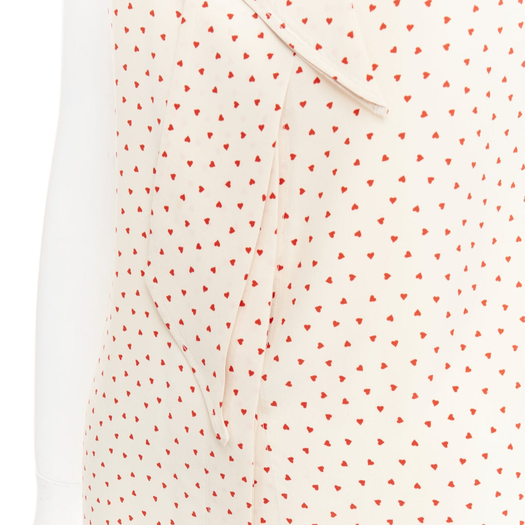 OLD CELINE Phoebe Philo cream red micro heart pussy bow neck tie blouse FR36 S