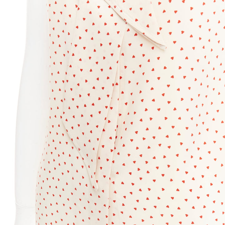 OLD CELINE Phoebe Philo cream red micro heart pussy bow neck tie blouse FR36 S