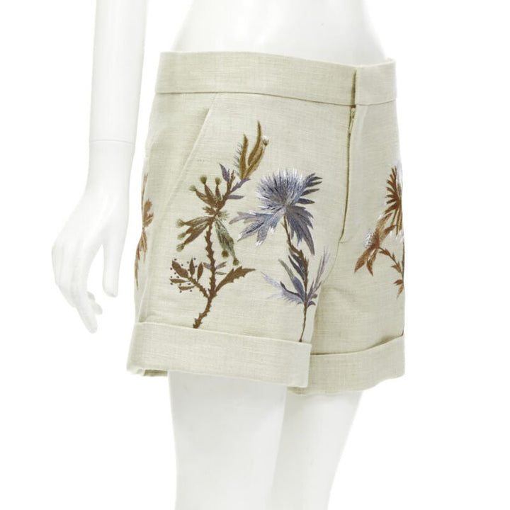 CHRISTIAN DIOR beige cotton linen Dandelion floral embroidery cuffed shorts FR38