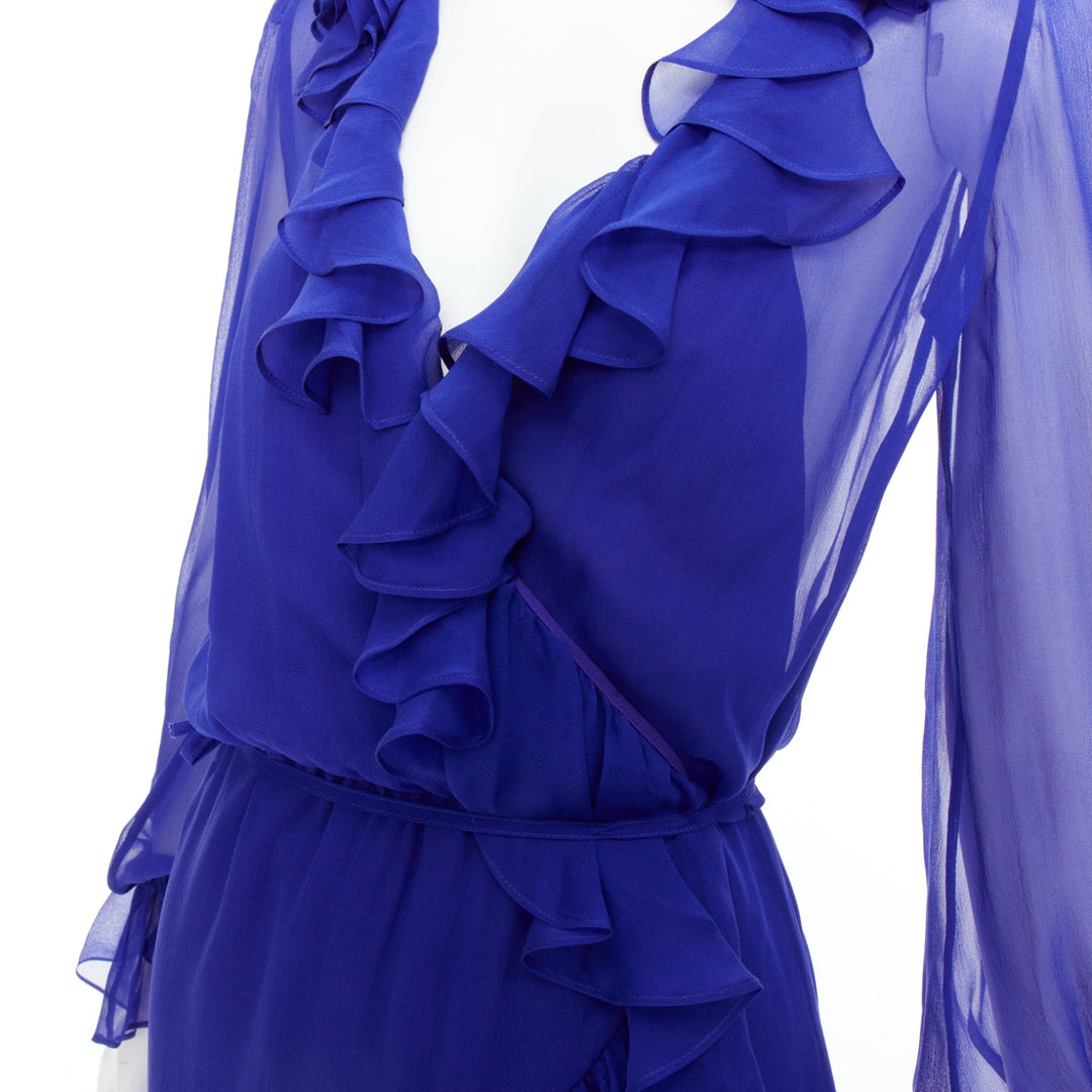 SAINT LAURENT 2020 Runway cobalt blue 100% silk ruffle wrap dress FR42 XL