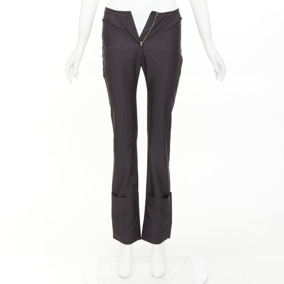 HELMUT LANG black nylon zip fly rolled cuffed flare pants IT40 S