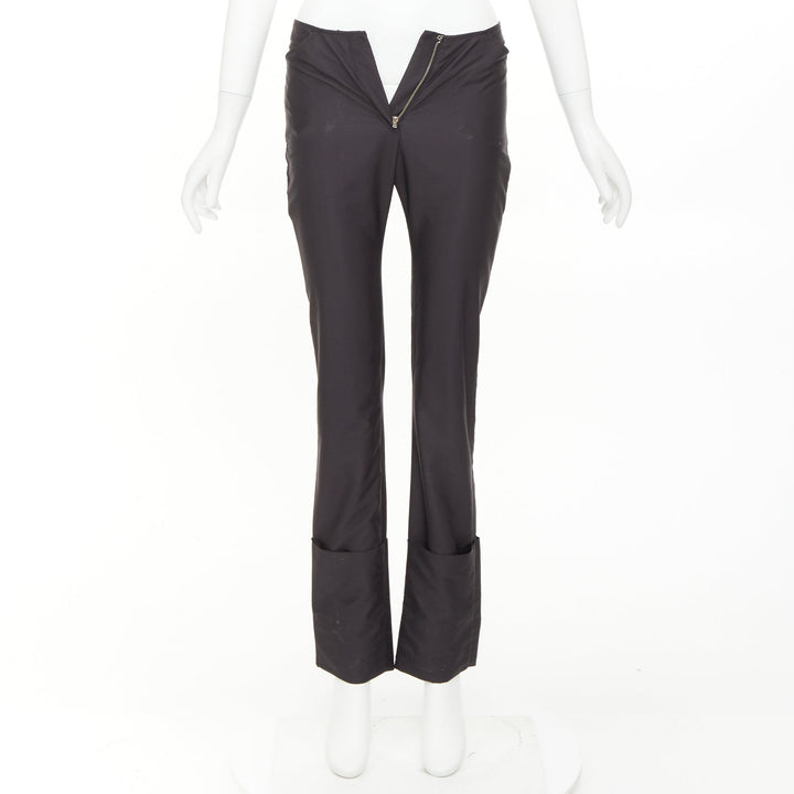 HELMUT LANG black nylon zip fly rolled cuffed flare pants IT40 S