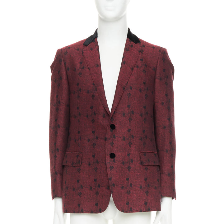 ETRO wine red velvet trim wool silk single breasted floral blazer IT52 XL