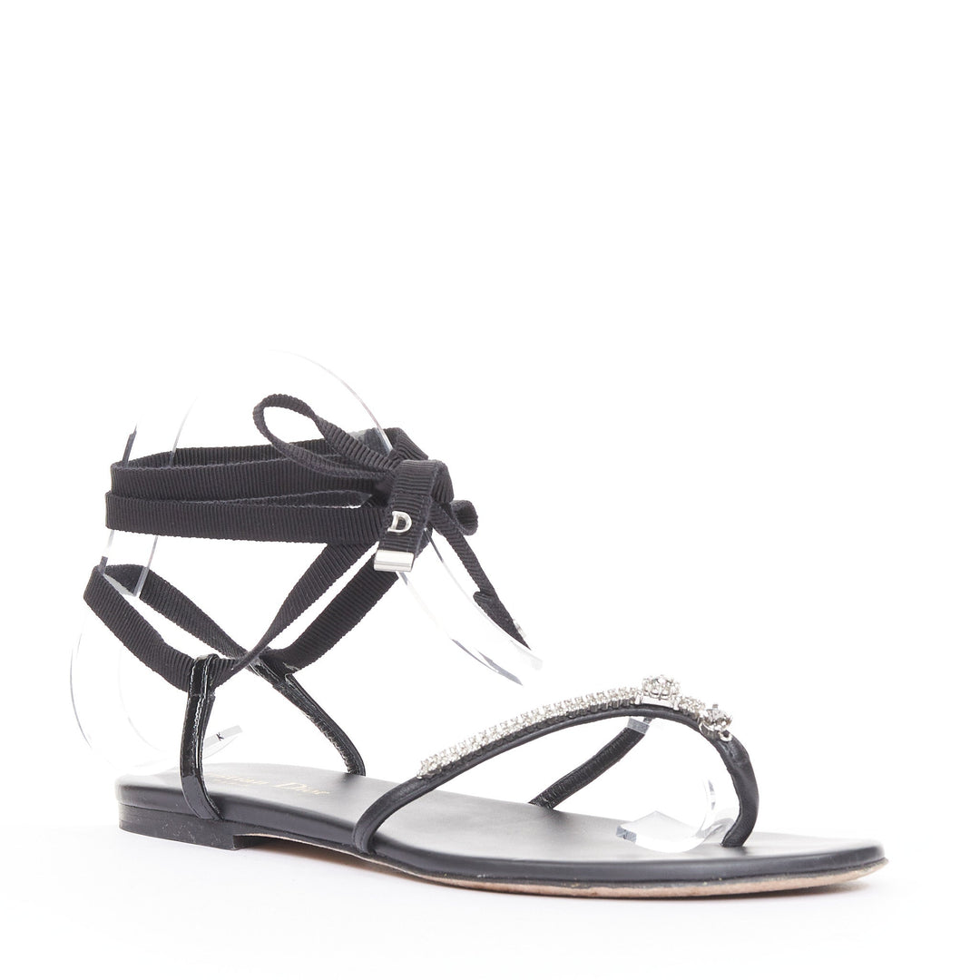 CHRISTIAN DIOR 2023 Runway Sunset black leather crystal wrap sandals EU37.5