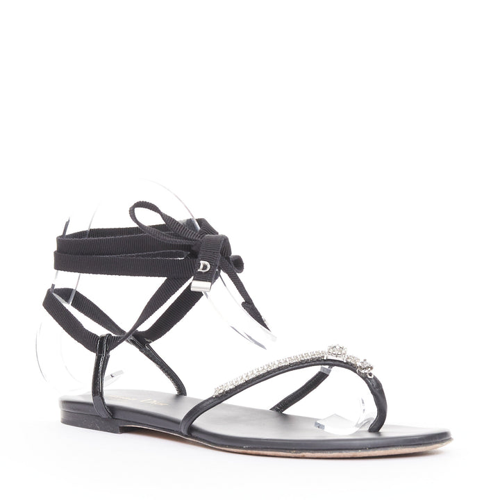 CHRISTIAN DIOR 2023 Runway Sunset black leather crystal wrap sandals EU37.5