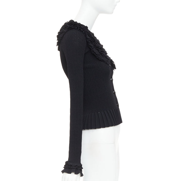LOUIS VUITTON black ruffle collar cuffs ribbed long sleeves cardigan XS