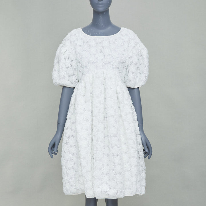 CECILIE BAHNSEN white textured floral puffy short sleeve babydoll dress UK8 S