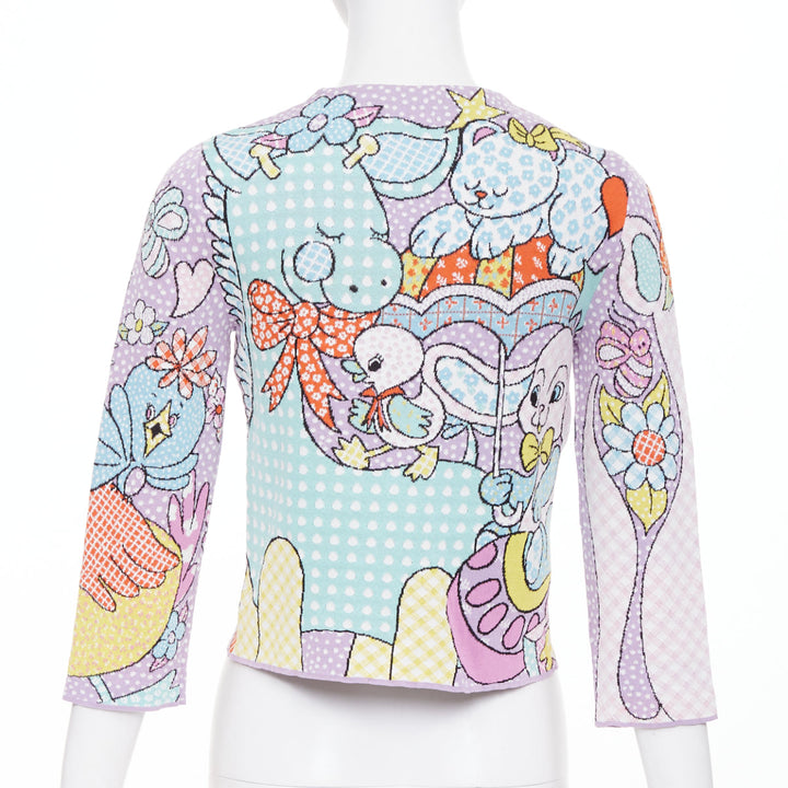 MOSCHINO 2022 Runway Calico Animals lilac blue pink cartoon knit cardigan IT36