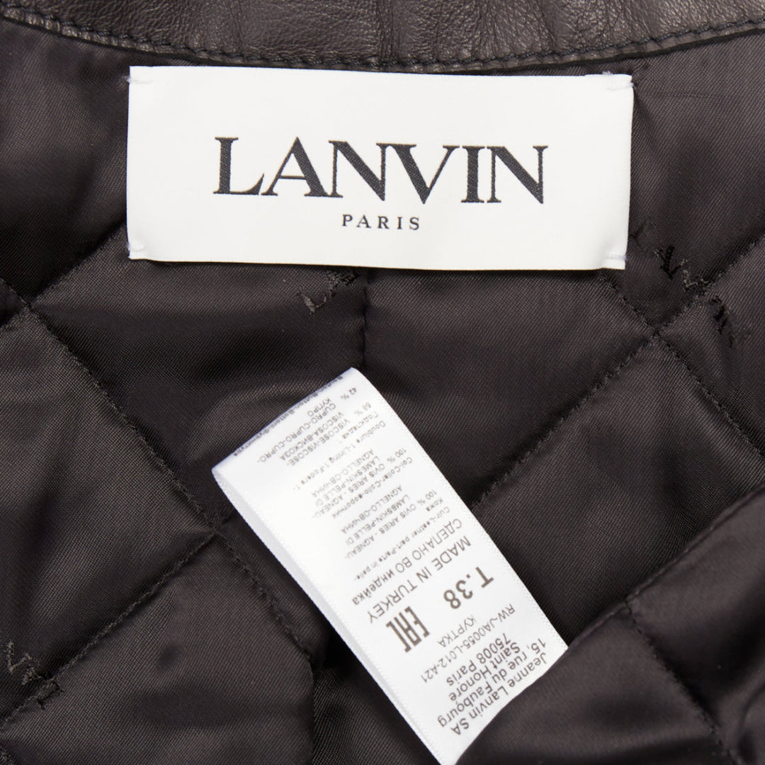 LANVIN 2021 black lambskin leather shearling collar crop aviator bomber FR38 M