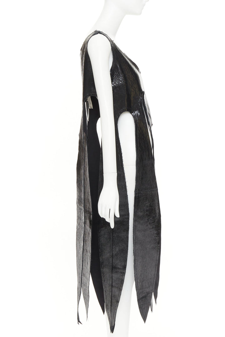 rare COMME DES GARCONS 2019 black textured cowhide leather fringed petal top XS