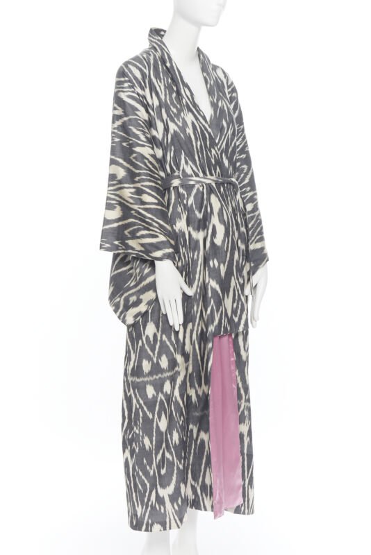 OSCAR DE LA RENTA SS19 Runway brown black leopard pink silk lined kimono L
