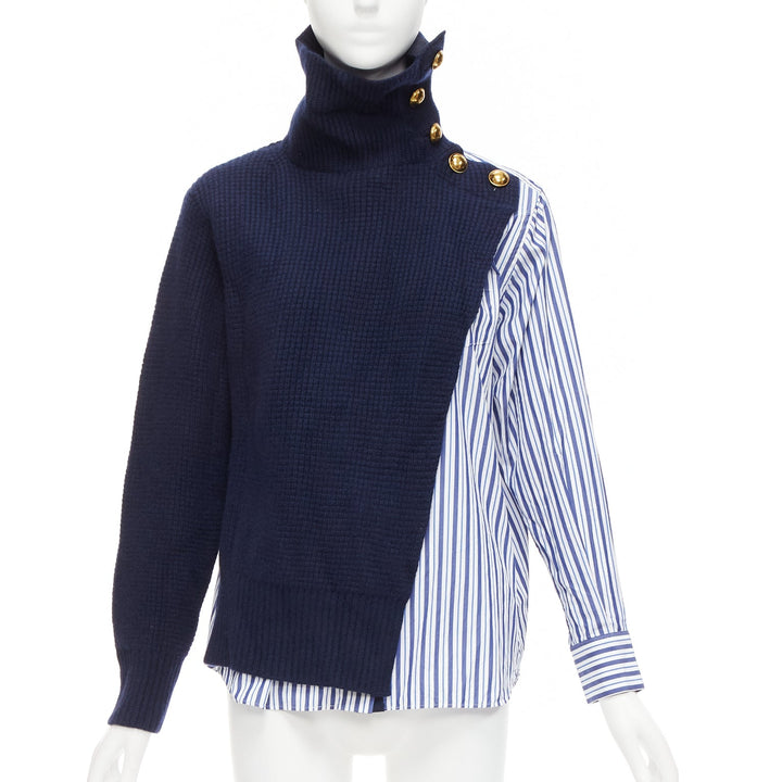 SACAI 2018 navy blue white wool cotton deconstructed hybrid sweater shirt JP1 S