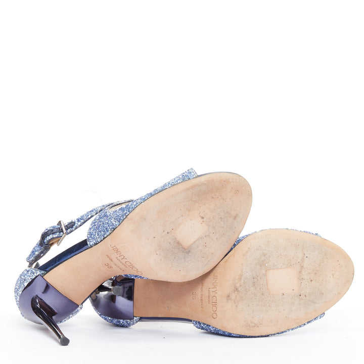 JIMMY CHOO Emily blue glitter crisscross strap open toe sandals EU36