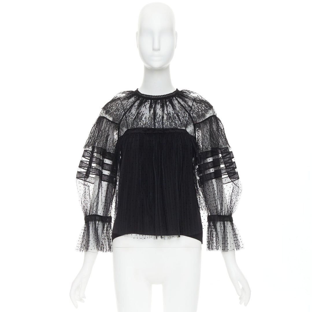 CHRISTIAN DIOR 2017 black sheer polka dot smocked lace Victorian top FR34 XS