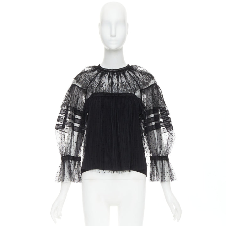 CHRISTIAN DIOR 2017 black sheer polka dot smocked lace Victorian top FR34 XS