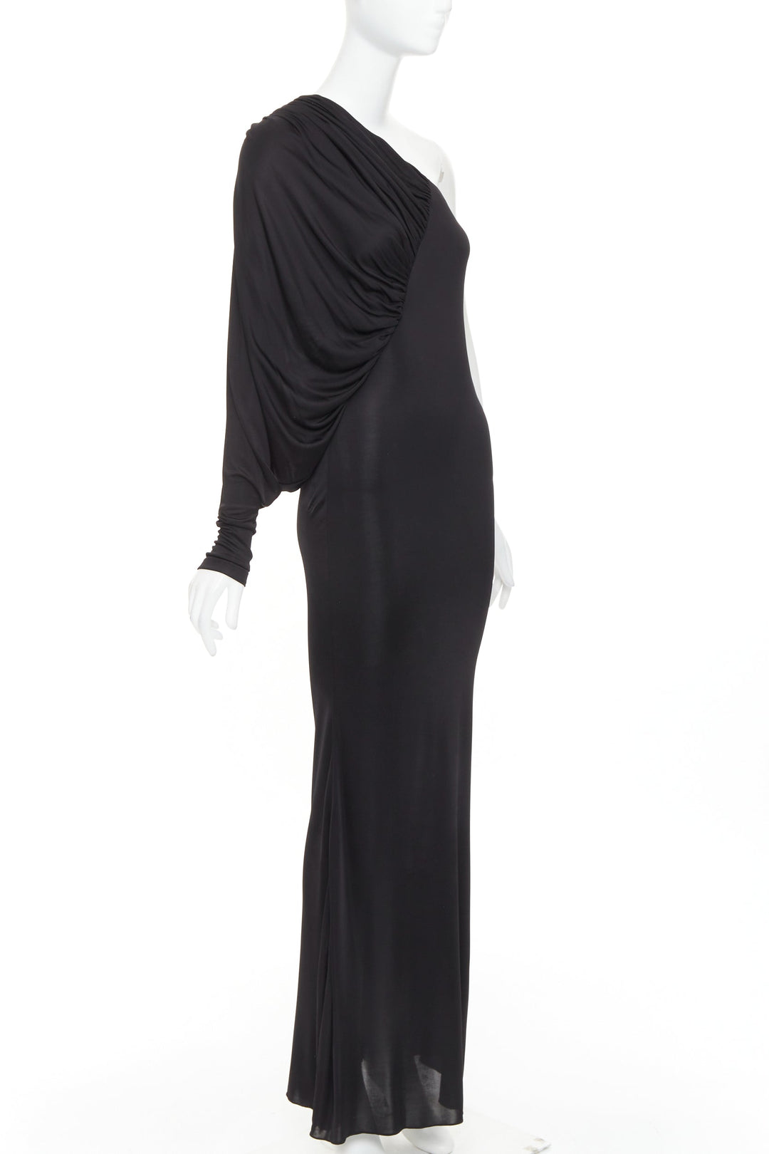 SAINT LAURENT 2023 black shiny viscose jersey ruched one sleeve  gown FR34 XS