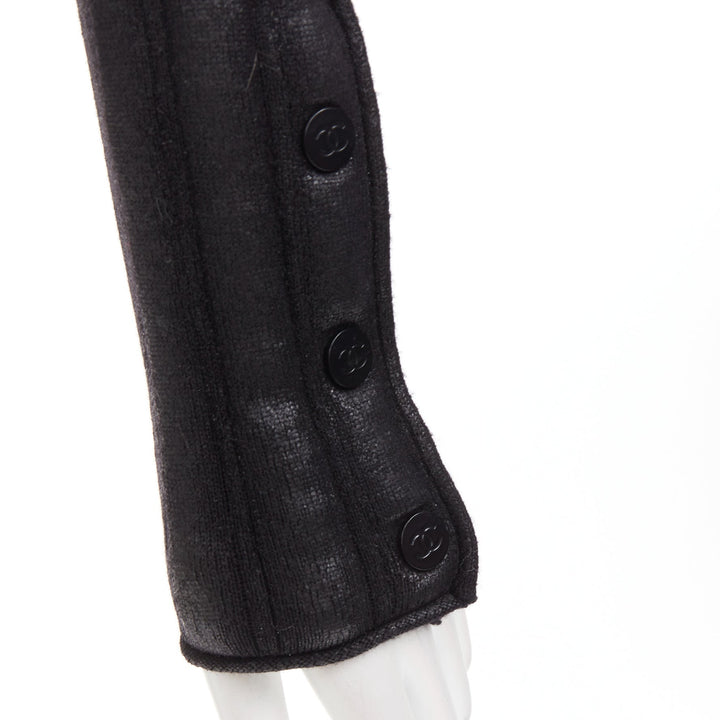 CHANEL 100% wool black metallic coated CC logo tubular pad biker jacket FR34 XS