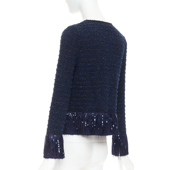 OSCAR DE LA RENTA 2023 navy blue wool tweed sequin fringe hem jacket XS