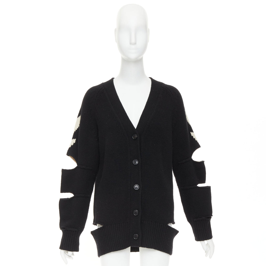 BURBERRY Nyla black cream merino wool cashmere logo intarsia cut out cardigan S