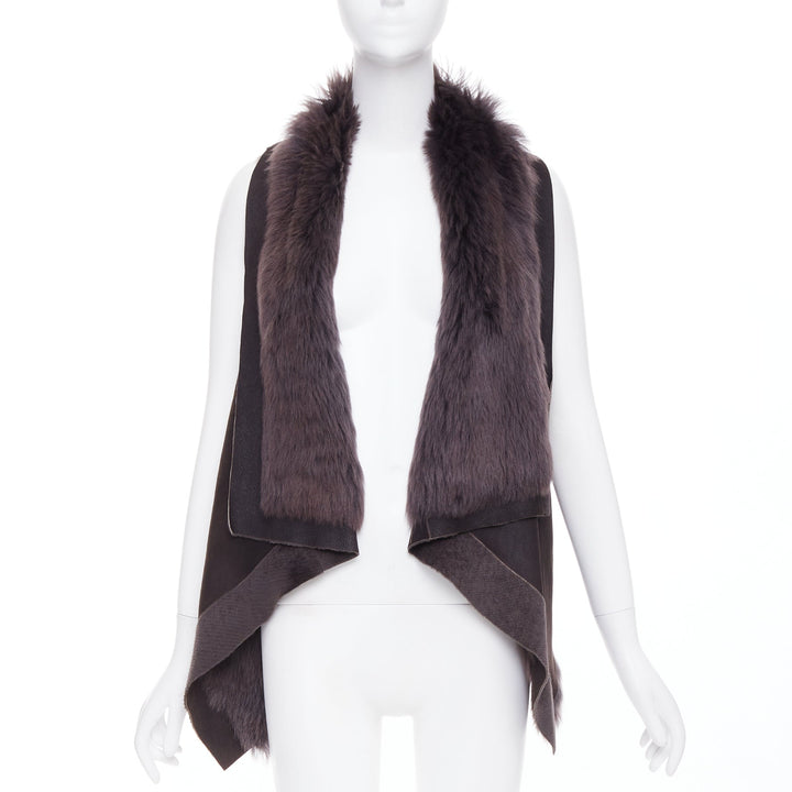 KARL DONOGHUE dark brown lambskin leather fur lined draped vest jacket XS