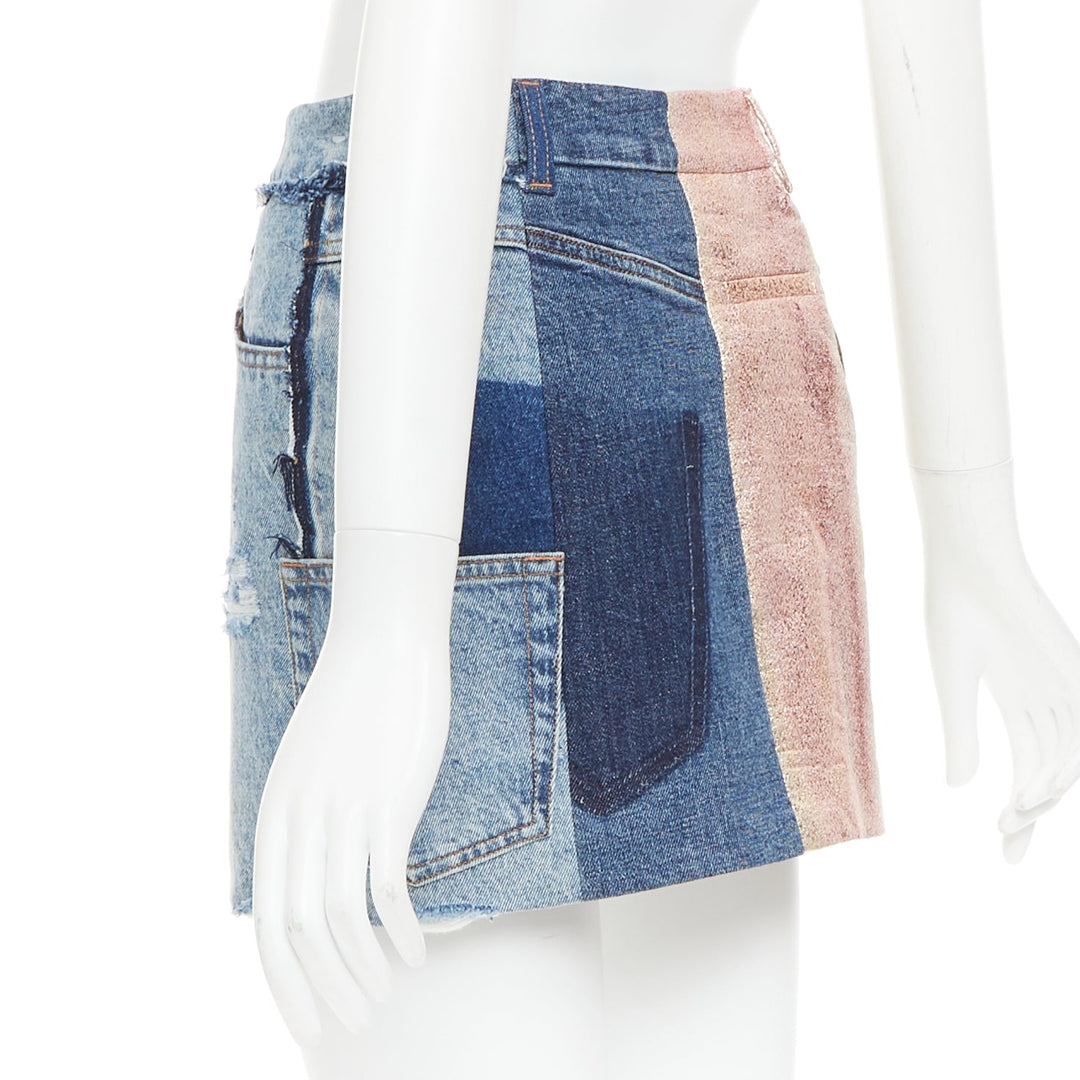 DOLCE GABBANA Denim Minirock gold blue jacquard patchwork mini skirt IT38 XS