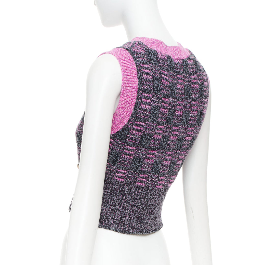 CHANEL 2022 Runway check cc plaque fuchsia trim cropped cashmere knit vest FR38
