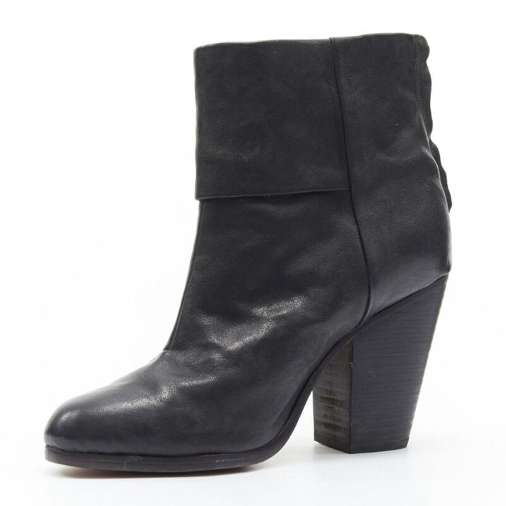 RAG BONE black leather round toe chunky stacked heel western ankle boot EU36