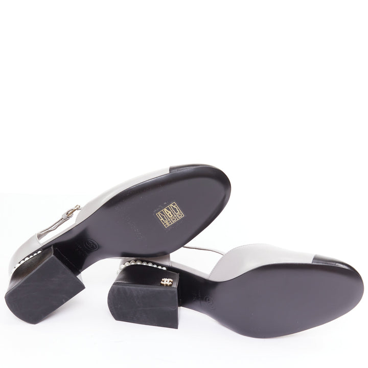 CHANEL 2022 grey leather pearl trimmed CC logo bicolor block heel pumps EU39.5