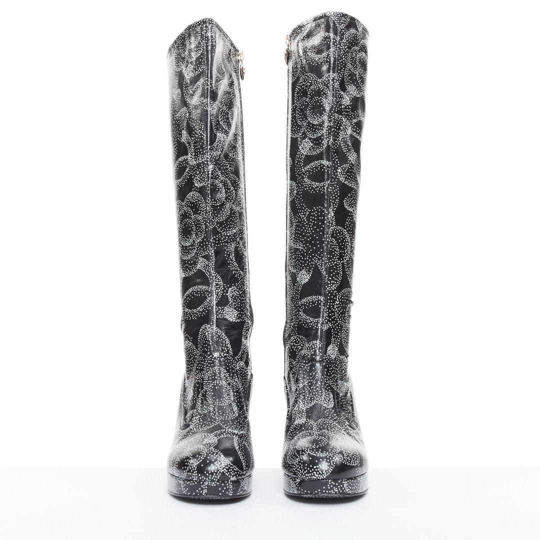 CHANEL 23A Runway white black CC camellia dotted logo print tall boots EU39