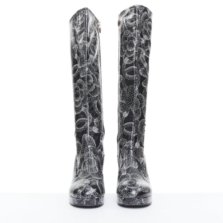 CHANEL 23A Runway white black CC camellia dotted logo print tall boots EU39