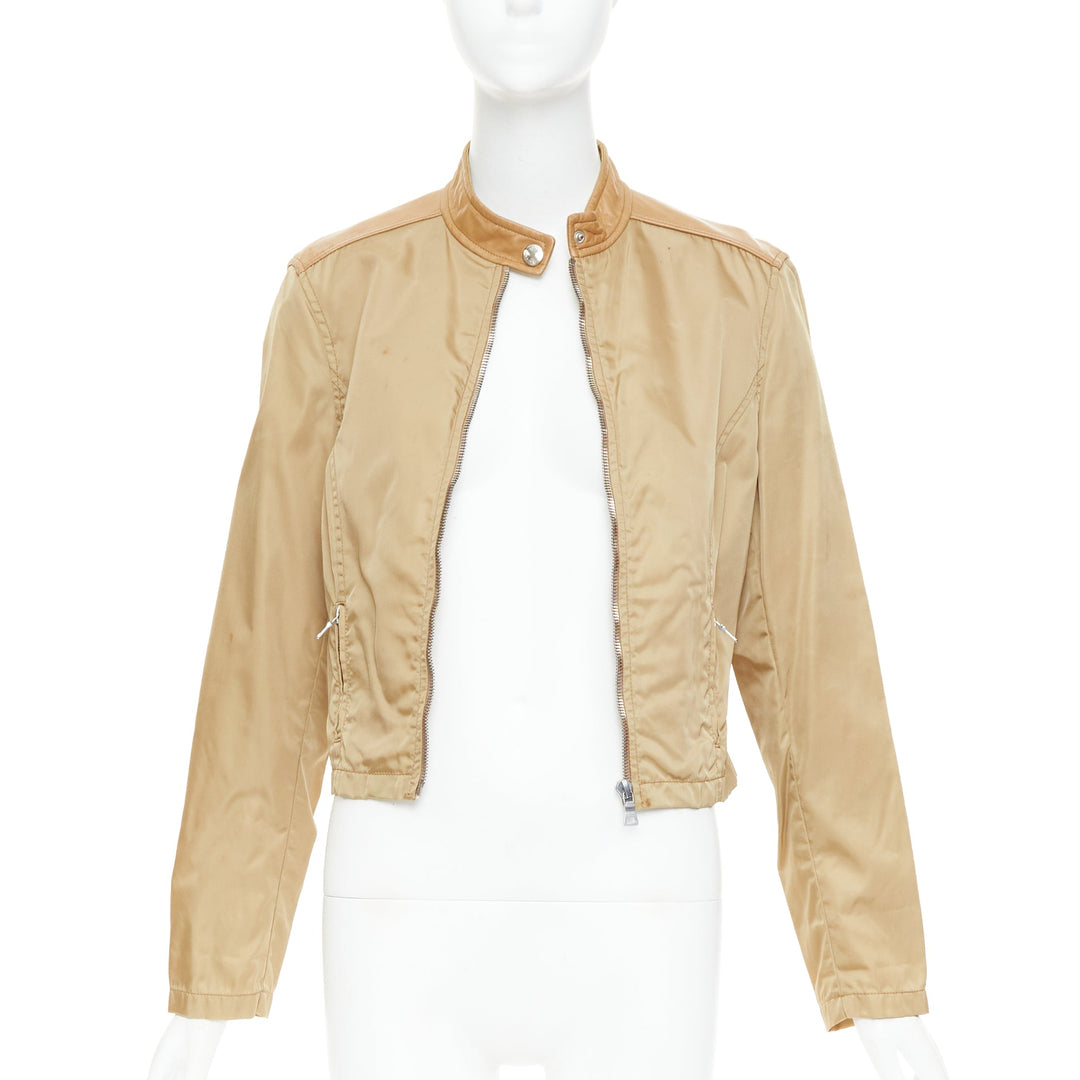 PRADA Vintage 2000's tan lambskin trim nylon moto jacket L