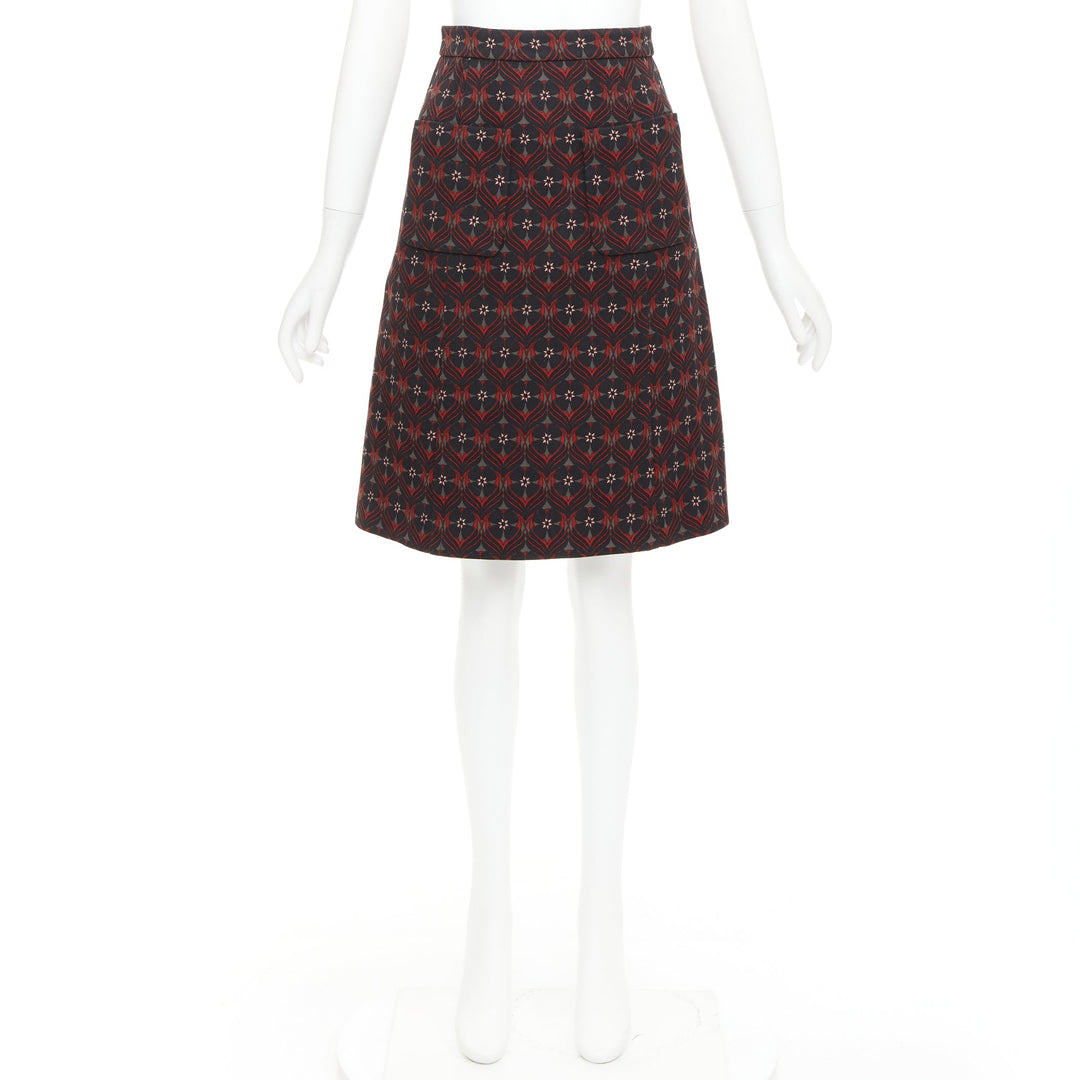 MIU MIU 2015 red khaki floral wool vintage print pocketed A-line skirt IT36 XXS