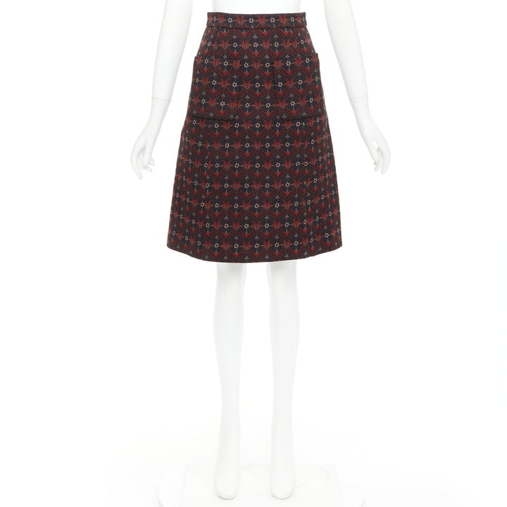 MIU MIU 2015 red khaki floral wool vintage print pocketed A-line skirt IT36 XXS