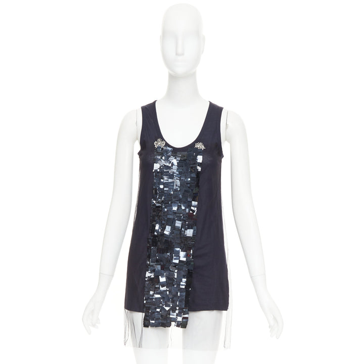 VERA WANG navy cotton silk sheer overlay paillette beaded scoop tank top S
