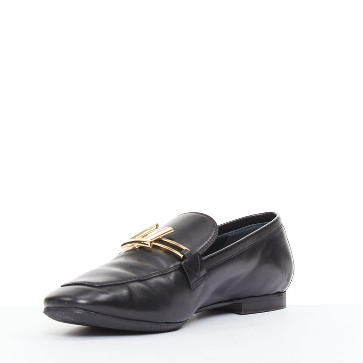 LOUIS VUITTON Upper Case flat black lambskin gold LV bar flat loafers EU36.5