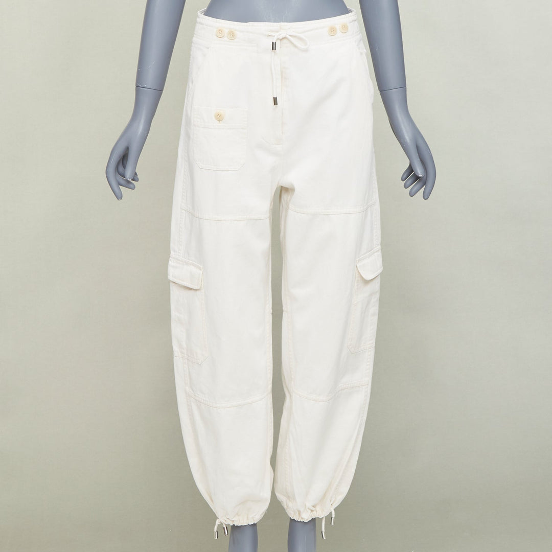 TOTEME Cotton Cargo Trouser ivory drawstring pocket drawstring hem pants FR34 XS