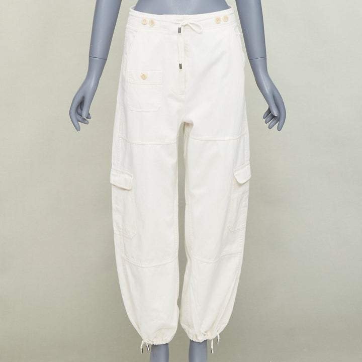TOTEME Cotton Cargo Trouser ivory drawstring pocket drawstring hem pants FR34 XS