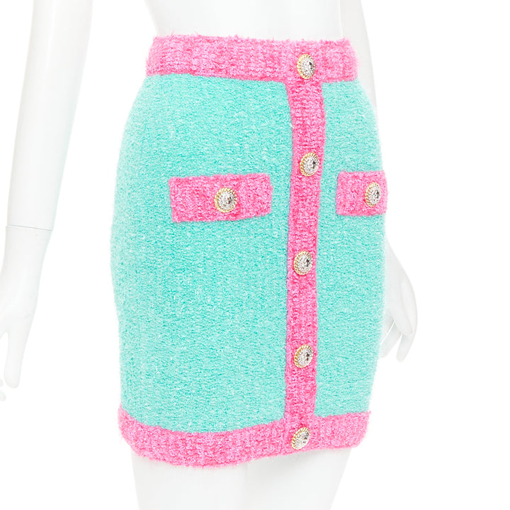 BALMAIN turquoise pink gold button embellished boucle skirt FR34 XS