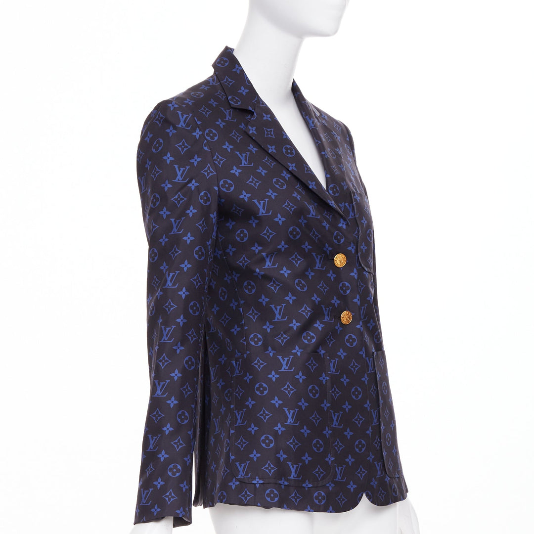 LOUIS VUITTON navy blue lightweight silk LV monogram gold button blazer FR34 XS