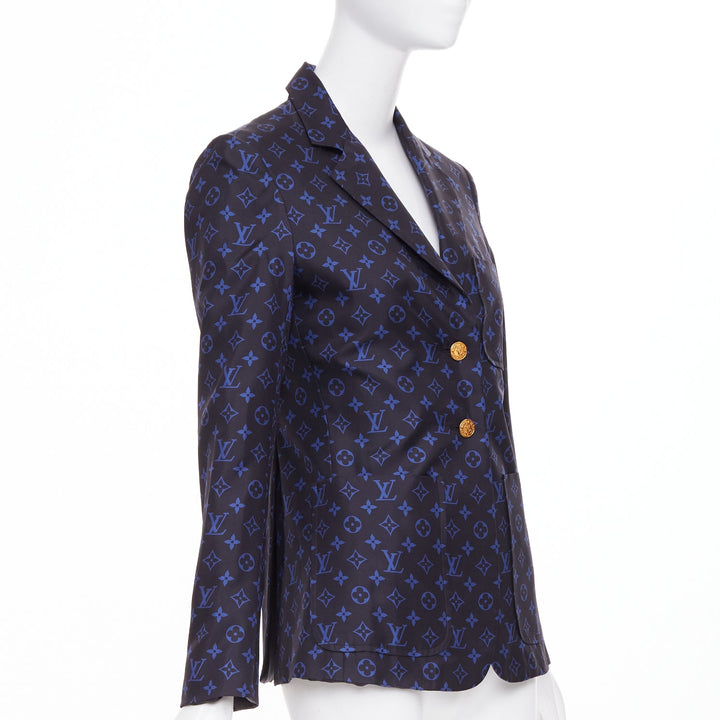 LOUIS VUITTON navy blue lightweight silk LV monogram gold button blazer FR34 XS
