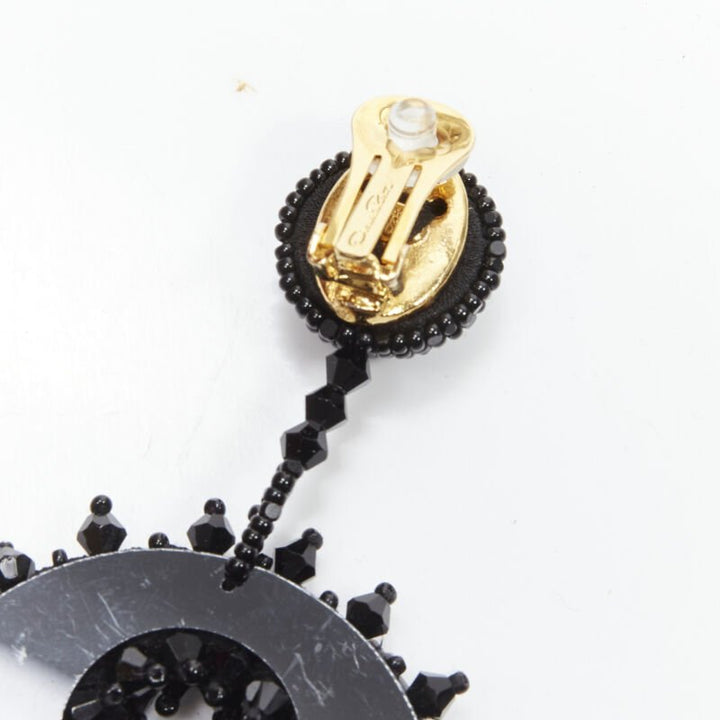OSCAR DE LA RENTA Bold Disc black bead embellished statement clip on earring