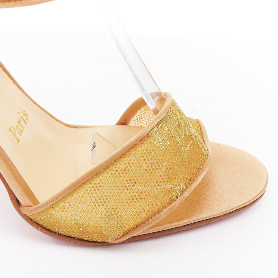 CHRISTIAN LOUBOUTIN 2011 gold lace nude satin trim straps cone sandals EU37.5