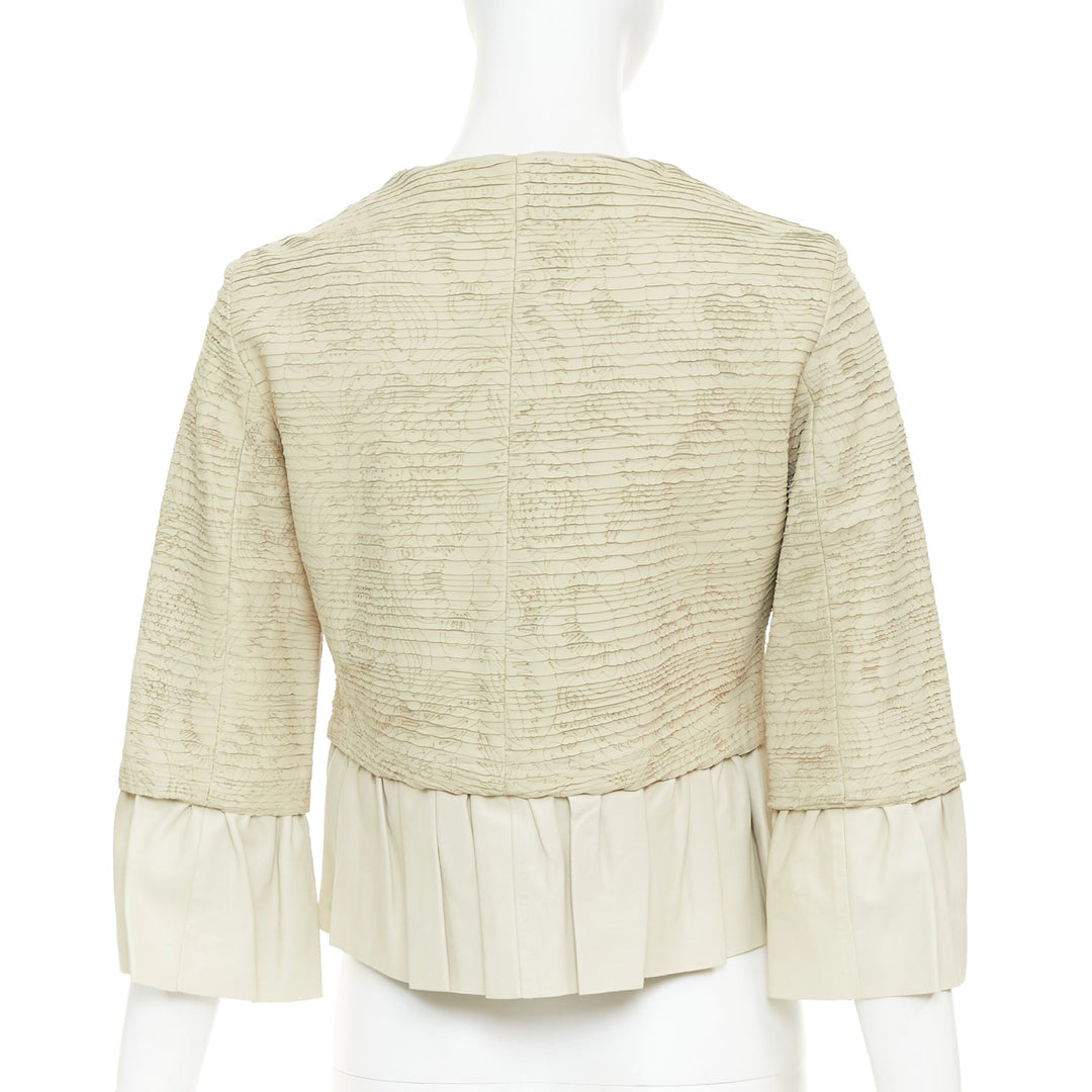 VALENTINO beige lambskin leather floral tiered laser cut ruffle jacket IT40 S