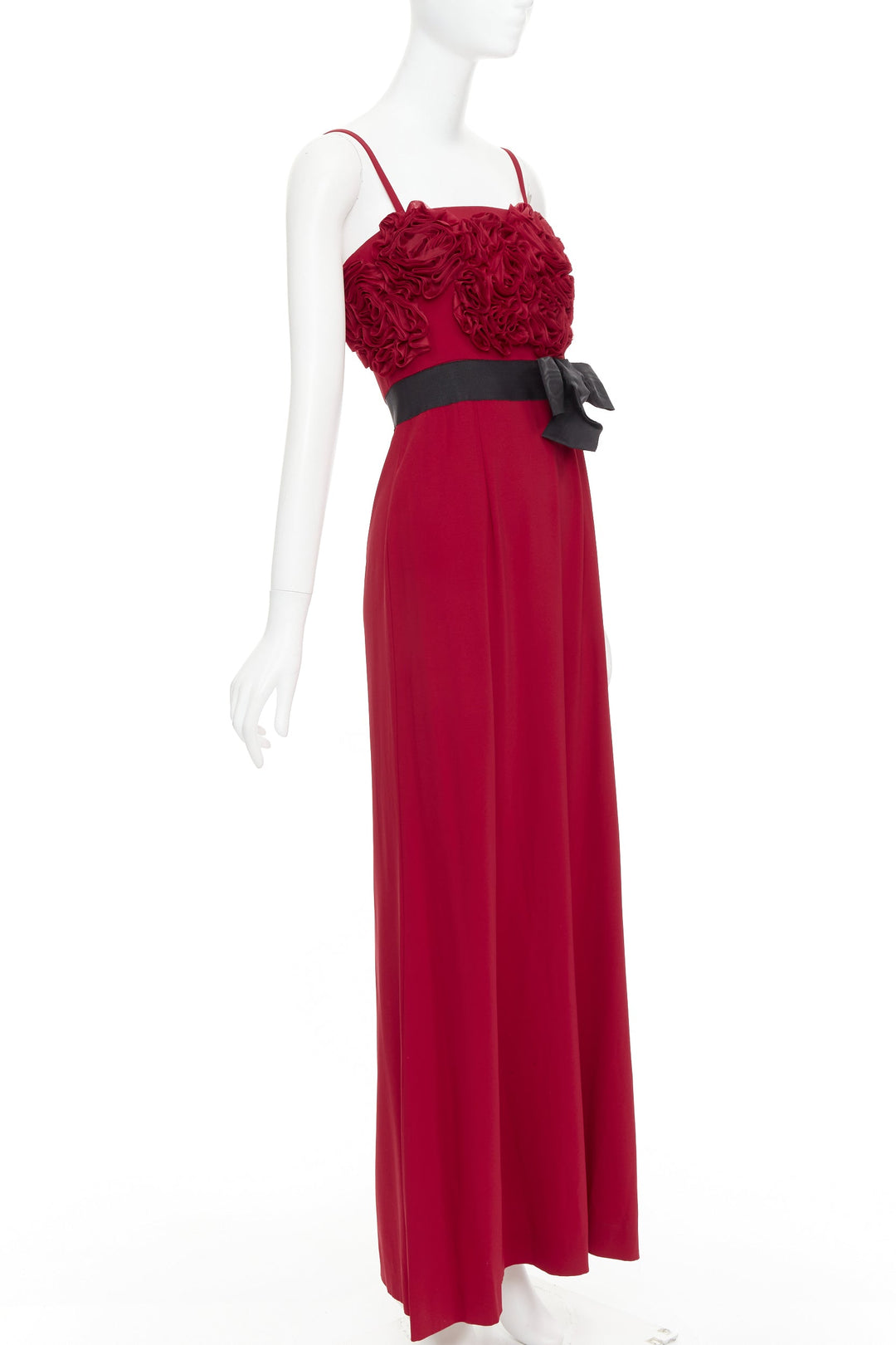 VALENTINO red Rosette ruffle boned bust black bow belt midi gown IT40 S
