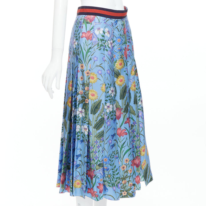 GUCCI 2016 New Flora 100% silk blue bloom pleated skirt IT42 M