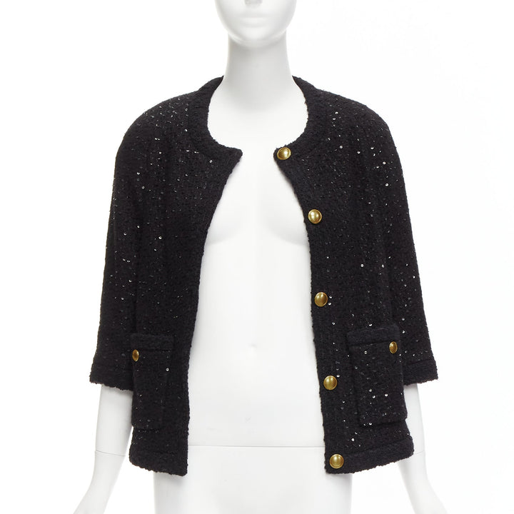 SAINT LAURENT 2021 black wool sequinned tweed gold button jacket FR34 XS